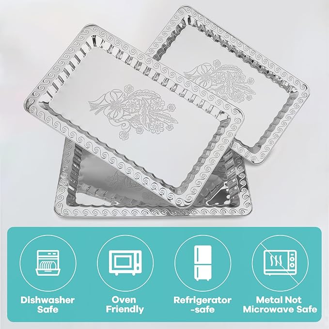 6-Pack Silver Serving Trays Set (14" x 9") – Swirl Floral Engraved Serving Platters for Parties, Weddings, Birthdays, Festive Occasions – Mirror Trays for Charcuterie, Cookies, Desserts, Snacks, Fruit