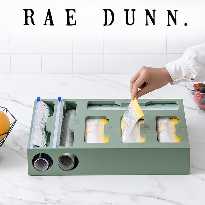 Rae Dunn Bamboo Bag Organizer for Kitchen Drawer - Durable Wood Organizer for Kitchen Storage - Holds Gallon, Quart, Snack, Sandwich Size Baggies, Plastic Wrap and Foil