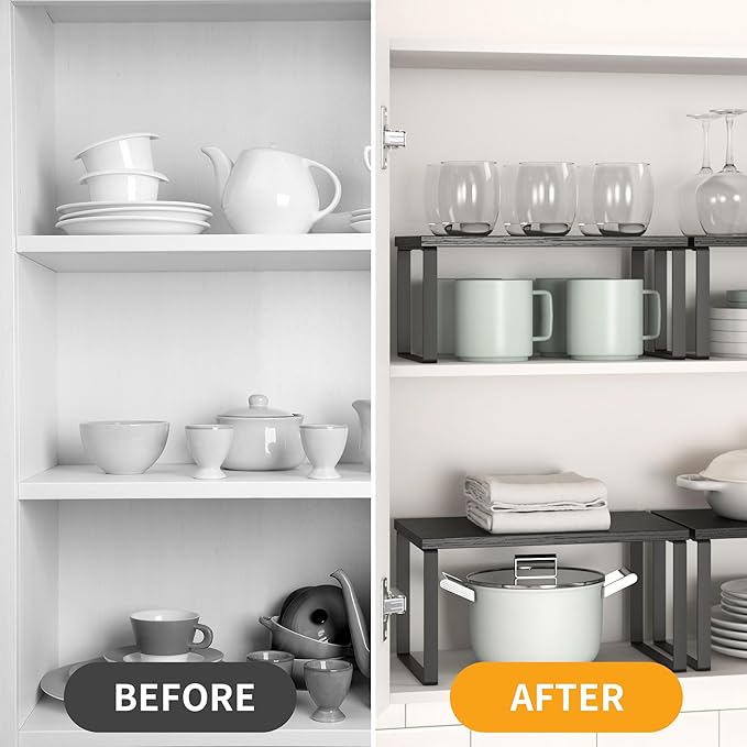 Kitchen Cabinet Organizer Shelf Set of 4, Sturdy Kitchen Counter Shelves with Metal Legs, Stackable Expandable Wood Spice Rack Pantry Cupboard Dish Mug Cup Storage Organizer Shelf, Black