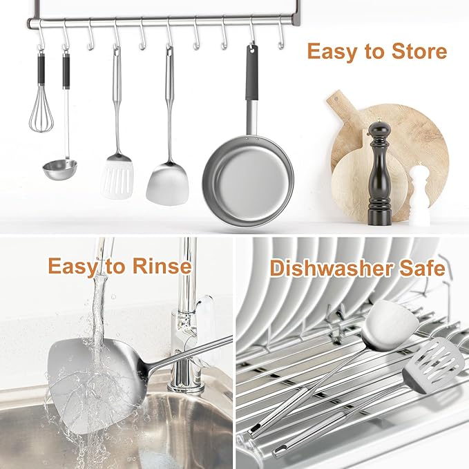 304 Stainless Steel Kitchen Utensils Set, 2 Pcs Long Metal Utensils Set with Spatula, Slotted Spatula Turner (Dishwasher Safe)