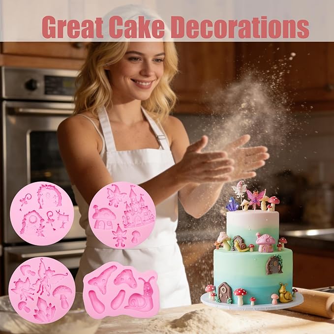 Fairy Garden Silicone Molds 4 Pcs, Mushroom House Fondant Mold, Door Snails Chocolate Mold for Cake Decoration Candy Cupcake Topper Cake Polymer Clay Crafts Epoxy Resin
