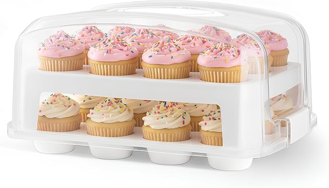 MosJos EXTRA TALL DOME Cupcake Carrier, White Cupcake Holder Carries 24 Cupcake Storage Container, Muffin Traveler Two Tier Stand Reusable Cupcake Box