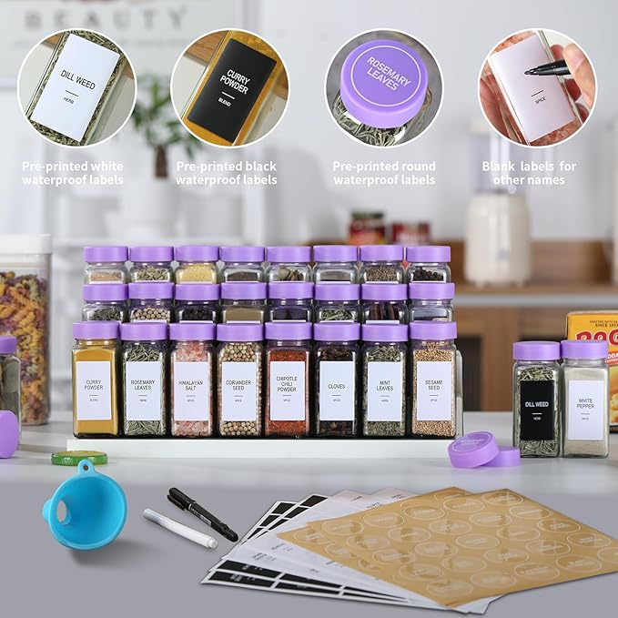 24 Glass Spice Jars with Labels, Spice Jar Set, 4oz Spice Containers, Seasoning Containers with Purple Airtight Lids and Shaker Lids, Square Empty Spice Bottles, 492 Labels, 1 Funnel
