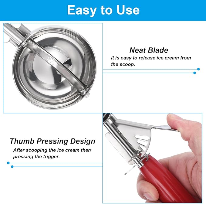 PATIKIL 1.3 Ounce Ice Cream Scoop with Trigger, Stainless Steel Portion Cookie Scoop with Thumb Trigger for Cookie Dough Cupcake Batter Baking, Red 39ML