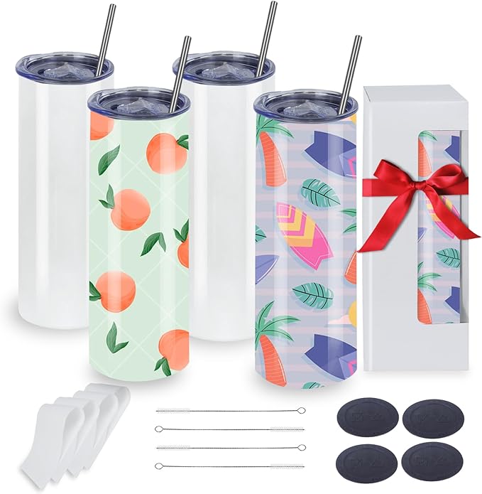 4 Pack 20oz Sublimation Tumblers Bulk, Sublimation Tumbler Blank, Skinny Straight Stainless Steel Blanks Cups with Individual Box (4, 20OZ)
