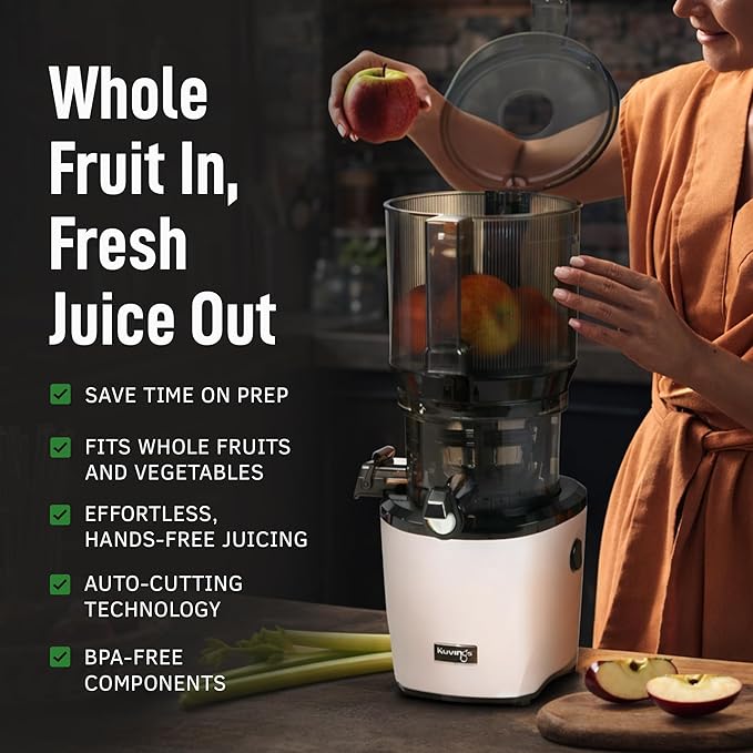 Kuvings AUTO10 Cold Press Juicer Machine – Self-Feeding for Hands-Free Use – Easy to Clean, Quiet 240W Motor, 100 oz Large Masticating Juicer – Designed for Silky Juice with Low Pulp – White