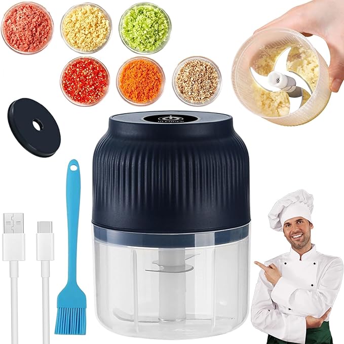Electric Garlic Chopper, Mini Portable Veggie Cutter, Garlic Grinder Masher Onion Chopper, Quick & Compact, for Ginger, Chili, Fruit, Meat (Blue)