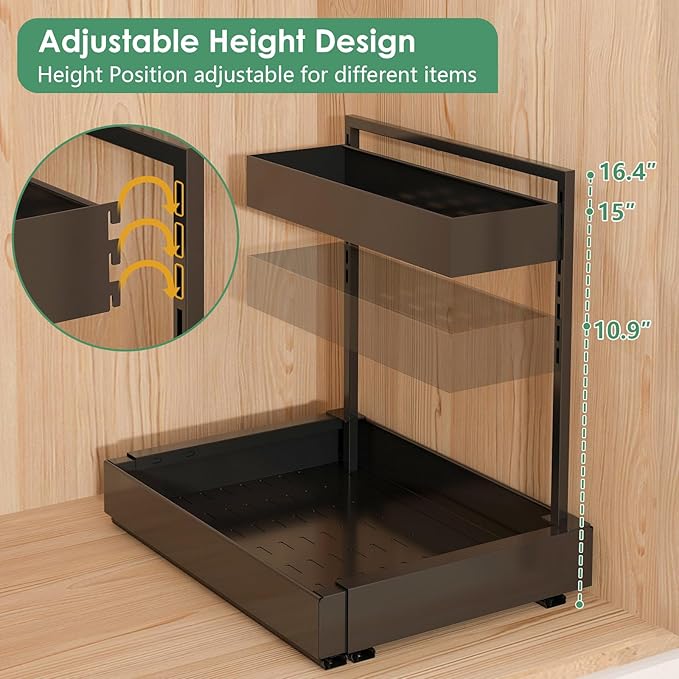REALINN Expandable Under Sink Organizers and Storage, 2 Tier Under Cabinet Organizer, Heights Adjustable Pull Out Rack for Kitchen Bathroom Laundry, Black, 2 Pack
