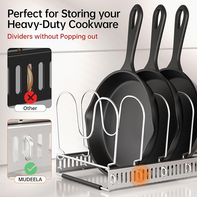 MUDEELA Pot Rack - Expandable Pots and Pans Organizer under Cabinet, Pot Lid Organizer Holder with 12 Adjustable Compartment, Kitchen Cabinet Organizer and Storage for Cutting Board, Skillets Pan
