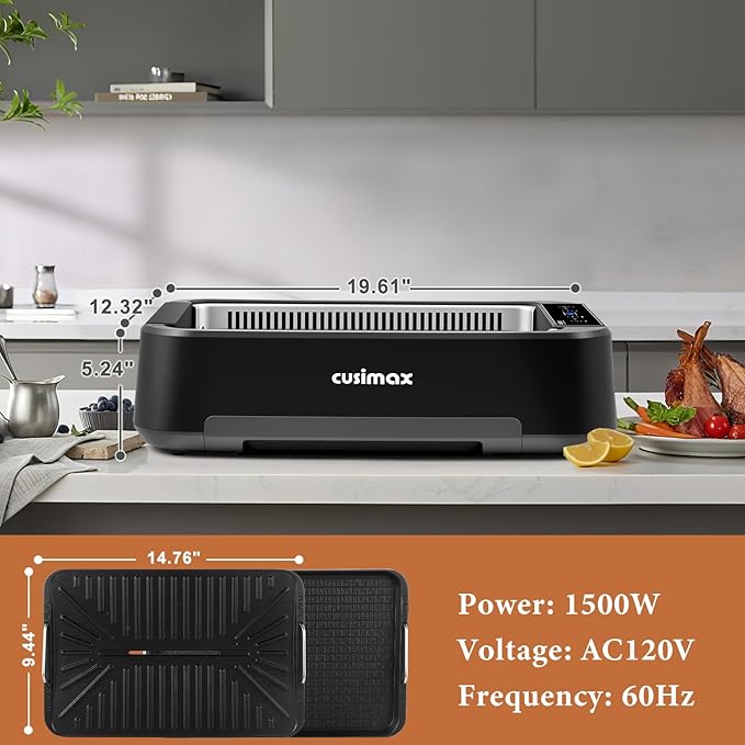 Indoor Grill, CUSIMAX Electric Smokeless Grill & Griddle with REPLACEABLE Smoke Filter Sponge, 1500W Korean BBQ Grill, Smart LED Display, Larger Grilling Area, Black(New Model)