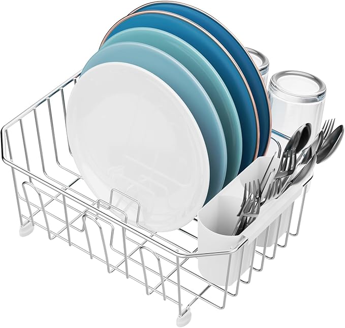 GSlife Mini in Sink Dish Drying Rack - Stainless Steel Small Dish Drainer for RV Kitchen Apartment Sink, 9.5" W x 13.4" L, White Utensil Holder
