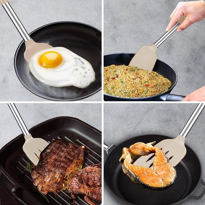 Silicone Spatula and Cooking Spoon,5 Pack Non-Stick Cooking Utensils for Kitchen，Heat Resistant Solid & Slotted Spoons and Spatulas, Stainless Steel Handle Coated with Silicone, Khaki