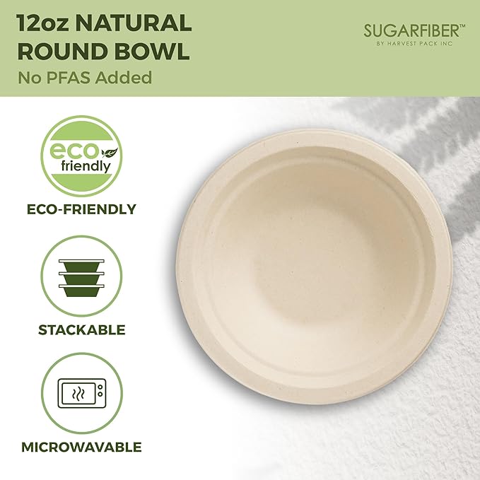 [600 Count] Harvest Pack PFAS Free 12oz Round Compostable Paper Bowls Bulk, Disposable Heavy-Duty Eco-Friendly Bagasse Bowls, Sugarcane Natural Plant fibers for Meal Prep Takeout Dinnerware