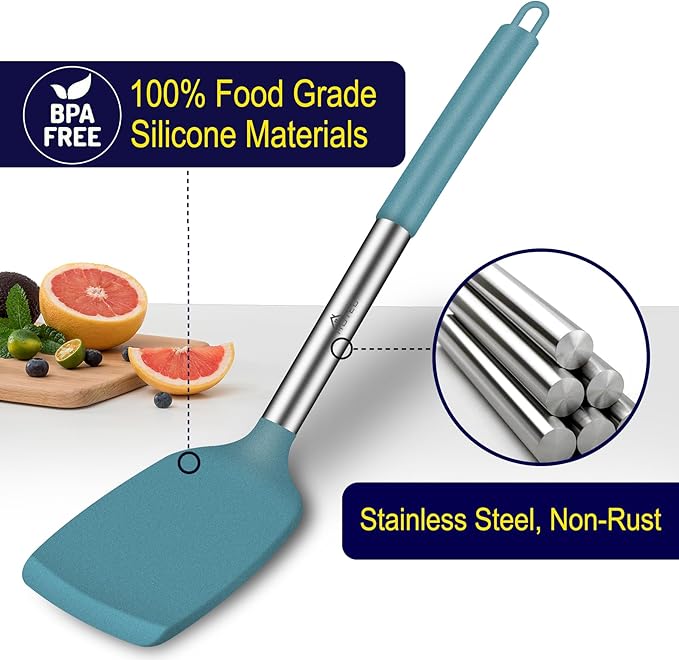 HOTEC Silicone Spatula Set of 2 Heat-Resistant 600°F & BPA-Free Kitchen SaptulaTurner with Stainless Steel Handles, Slotted & Solid Spatulas for Nonstick Cookware, 13.7 Inch, Blue