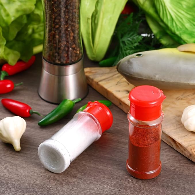 Amyhill 100 Pcs Plastic Spice Bottles Spice Jars Seasoning Jars Shaker Plastic Jars 3.3 Oz/ 100ml Seasoning Shaker with Shaker Lids(Red Lid)
