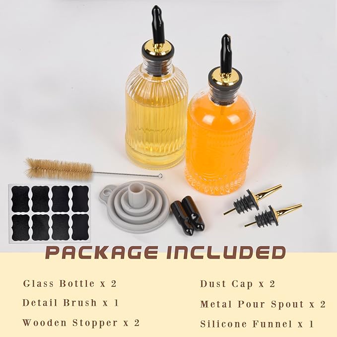 ChezMax Coffee Syrup Dispenser Bottles, 7 oz Glass Containers with Metal Pour Spout, Coffee Bar Accessories, 2 Pack