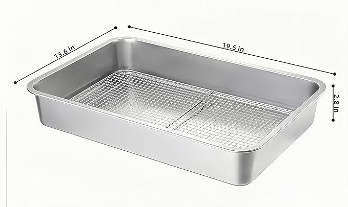 Stainless Steel Sturdy Roasting Pan with Cooling Rack – Oven, Toaster & Grill Safe, Deep Edge, Smooth Finish, Dishwasher Safe – Perfect for Turkey, Chicken, BBQ (19.5x13.6x2.8in)