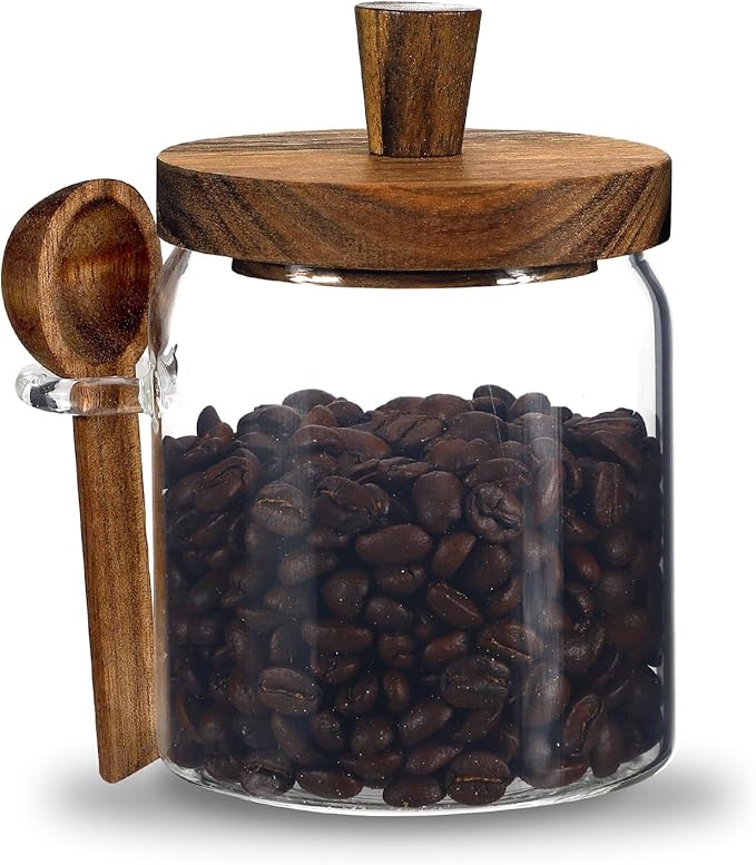 Glass Food Storage Jar with Lids Spoon Glass Coffee Canister Borosilicate Glass Food Containers for Ground Coffee Beans Nut Pasta Sugar Candy Spice Rice Tea (400ml/13.5oz-1 Pcs-with spoon)