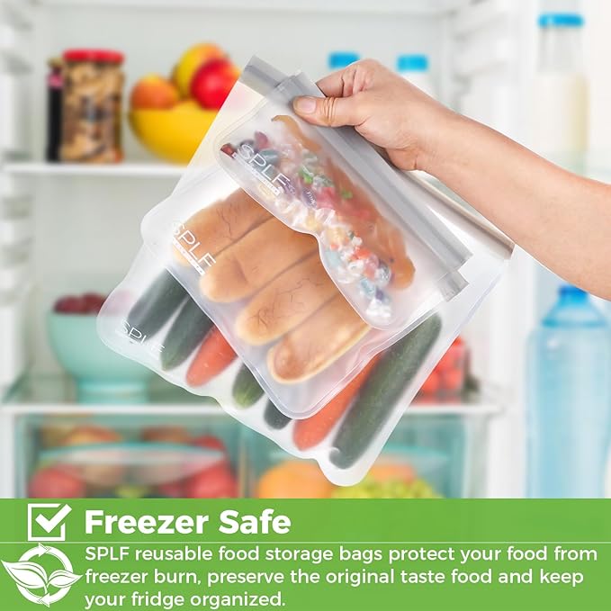 SPLF 18 Pack BPA FREE Reusable Storage Bags (6 Gallon Freezer Bags, 6 Sandwich Bags, 6 Snack Bags), Extra Thick Leakproof Silicone and Plastic Free Lunch Bag