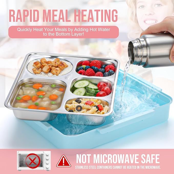2 Sets Stainless Steel Lunch Bento Box for Adult 2.0 L Leakproof 5 Compartment Metal Bento Box with Bag 8 oz Soup Bowl with Utensils for Office, Travel(Pink, Blue)