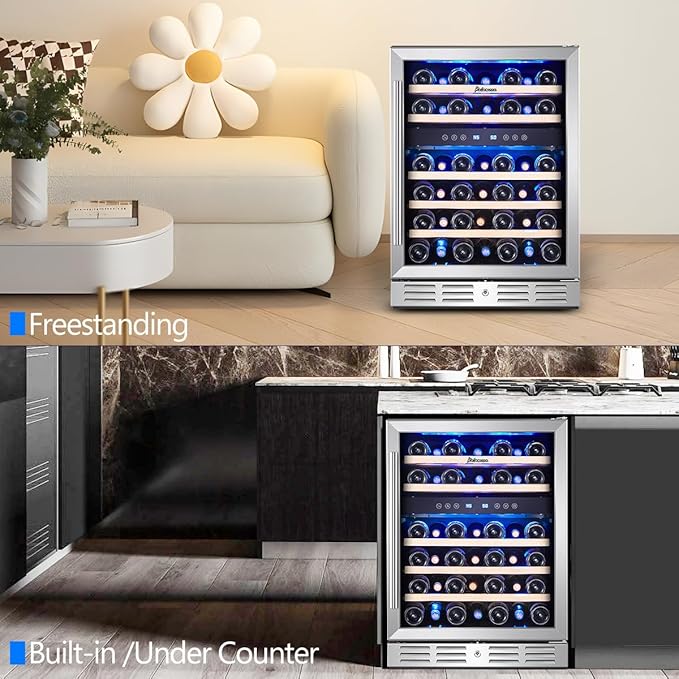 Kalamera 24 inch Wine Cooler, 37 Bottle - Dual Zone Built-in or Freestanding Fridge with Stainless Steel Reversible Glass Door, for Home, Kitchen or Office