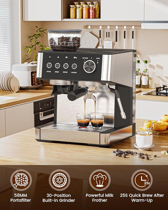 Electactic(2026 Upgrade Espresso Machine with Grinder, Expresso Coffee Machines with Built-in Anti-Clog Coffee Grinder/Milk Steam Wand, Expresso Machines for Home Perfect Cappuccino Latte-Satin Black