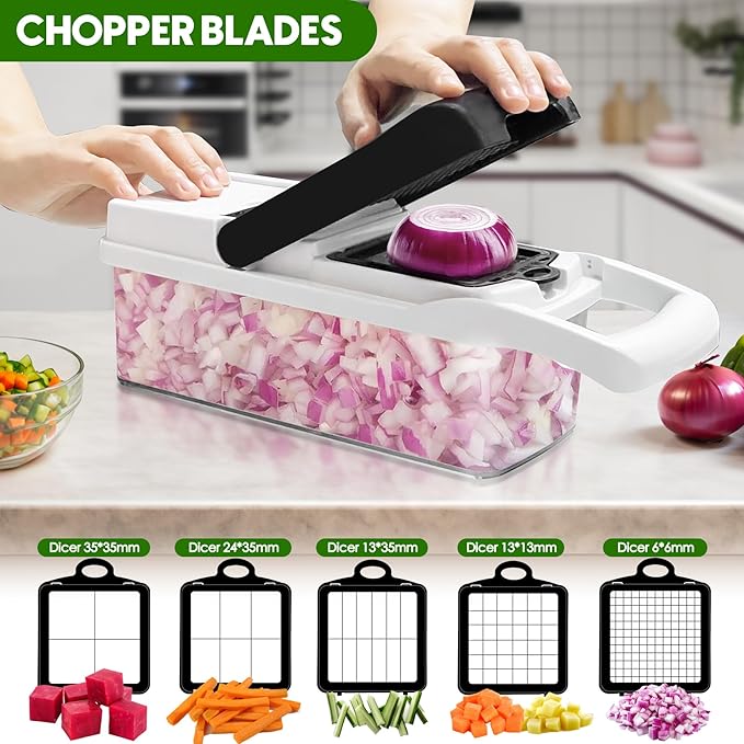 Vegetable Chopper, 10 Blades Slicer Onion Dicer, Multi 23-in-1 Veggie Mandoline Food Cutter for Tomato Fruit, Vegetable cutter with Hand Protector, Egg Separator & Slicer, Container（Black）