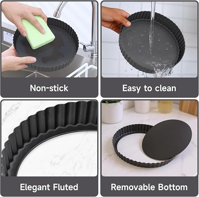 Tart Pan Removable Bottom - 9.5 Inch Non-Stick Carbon Steel Pie Pan for Baking Tarts, Pies, Quiches, Brownies, Quiche Baking Dish with Fluted Edges, Fruit Tart Mold