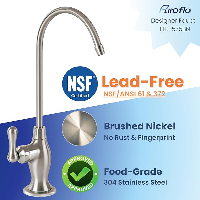 Brushed Nickel Reverse Osmosis Faucet, NSF Certified, Non‑Air Gap for Under Sink Water Filtration System, RO System Drinking Water Faucet, FLR-575BN