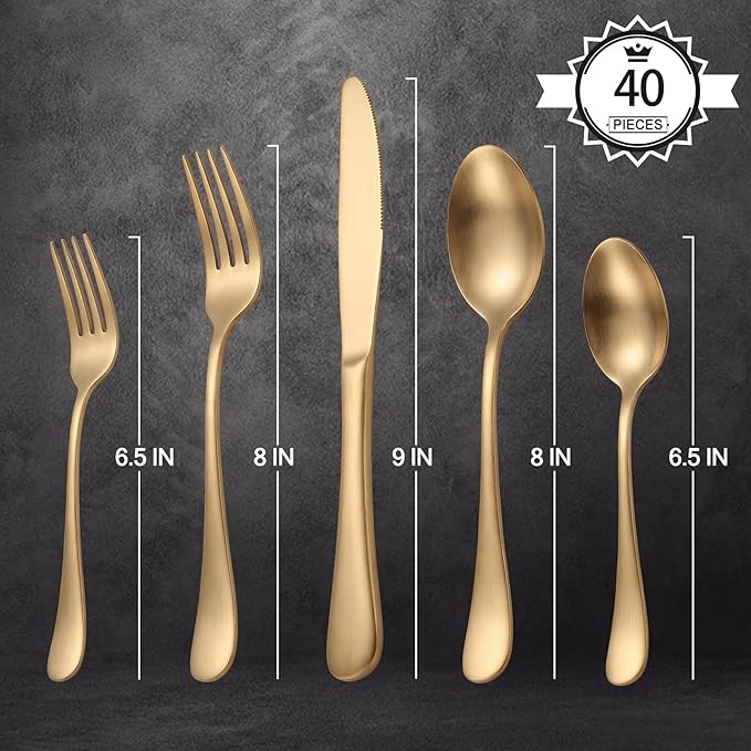 LIANYU Matte Gold Silverware Set for 8, 40 Piece Stainless Steel Flatware Utensils Set, Satin Finish Cutlery Set Include Spoons Forks and Knives, Modern Metal Tableware Set for Home, Dishwasher Safe