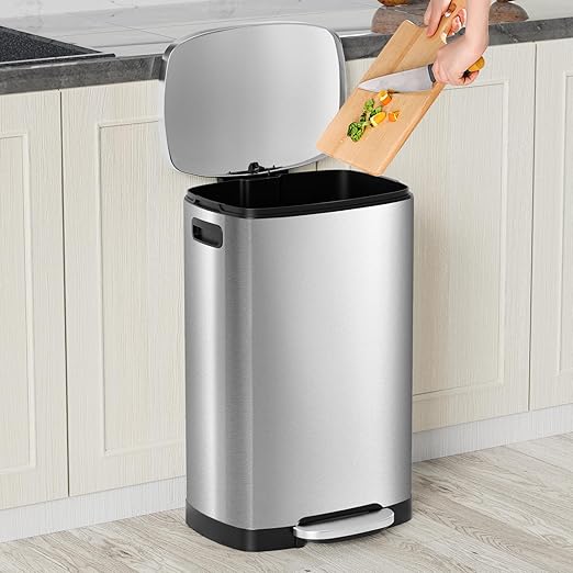 KdbK 13 Gallon Trash Can with Lid, 50L Fingerprint Proof Stainless Steel Kitchen Trash Can with Removable Inner Bucket and Lid Soft Close, Pedal Rubbish Bin for Home Office