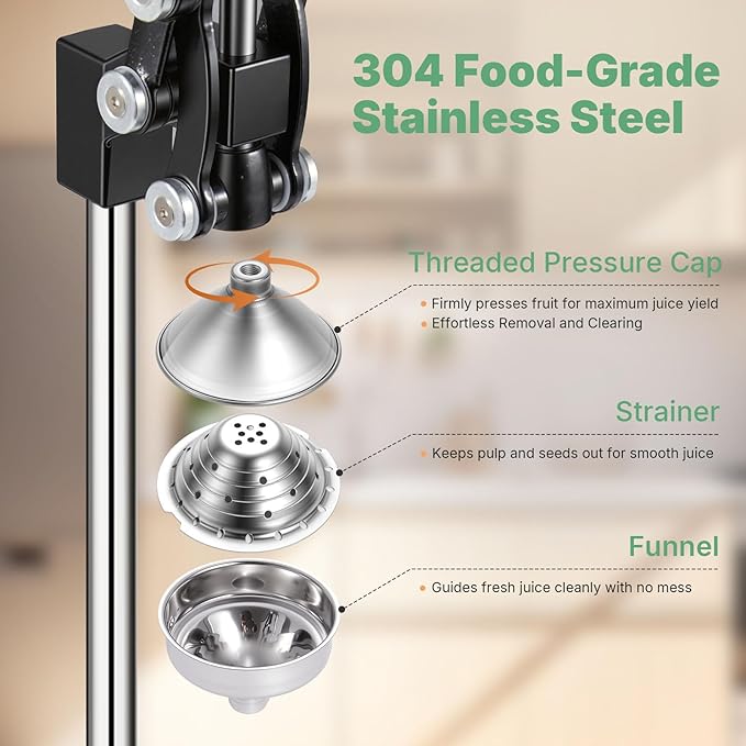 Cast Iron Juicer, 17"Tall & Sturdy Flat Base | Heavy-Duty Manual Hand Press Juicer For Orange Lemon Lime Pomegranate & Citrus, Orange Squeezer, Stainless Steel Cup, Easy to Clean, Black