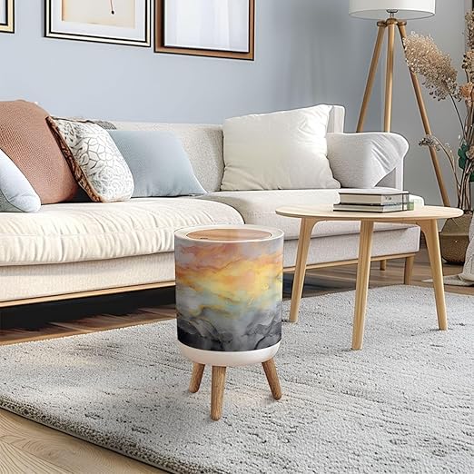 Trash Can with Lid Luxury abstract fluid art painting alcohol ink technique mixture black Press Top Round Small Garbage Bin with Wooden Legs Waste Basket for Kitchen Bedroom Nursery 7L/1.8 Gallon