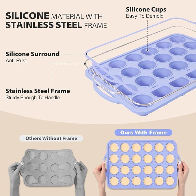 Mini Silicone Muffin Pan with Metal Frame, Non Stick Silicone Cupcake Pan with Handles 24 Cup, BPA Free Silicon Muffin Tin Tray Small for baking, egg bites, Cupcake Mold Blue