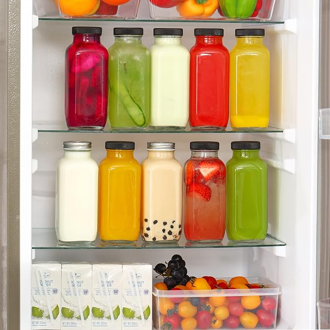 CUCUMI 10pcs 16oz Glass Juice Bottles with Lids, Reusable Juice Containers Drinking Jars Water Cups with Brush, Glass Straws, Lids with Hole | 10pcs, with Lids, Reusable, Juice Containers, Drinking Jars, Water Cups
