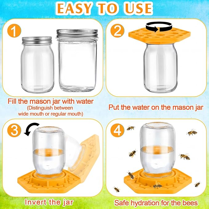 4 Pack Bee Feeder for Mason Jar Bee Watering Station Garden Silicone Sugar Water Feeder Beekeeping Drinking Equipment Tools with Mason Jars for Drinking Water (Ginger Yellow,Hexagon)