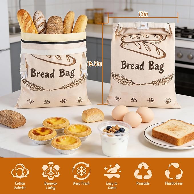 2-Pack Reusable Beeswax Bread Bags for Sourdough & HomemadeBread with Zipper, 16.5 x 13 inch bread bags for Food Storage