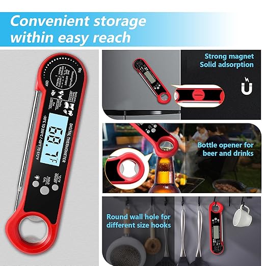 Digital Meat Thermometer for Grill, Instant Read Food Thermometer with Waterproof, Auto-Rotating Backlit Display, Calibration, Foldable Probe