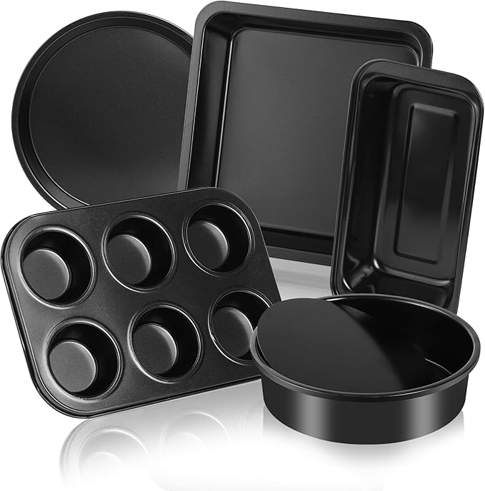 5-Piece Toaster Oven Bakeware Set – Compact Nonstick Baking Pans for Small Oven, RV & Camper – Includes Muffin, Loaf, Pizza, Cake & Square Pan (Black)
