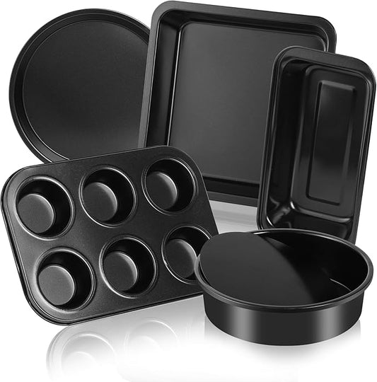 5-Piece Toaster Oven Bakeware Set – Compact Nonstick Baking Pans for Small Oven, RV & Camper – Includes Muffin, Loaf, Pizza, Cake & Square Pan (Black)