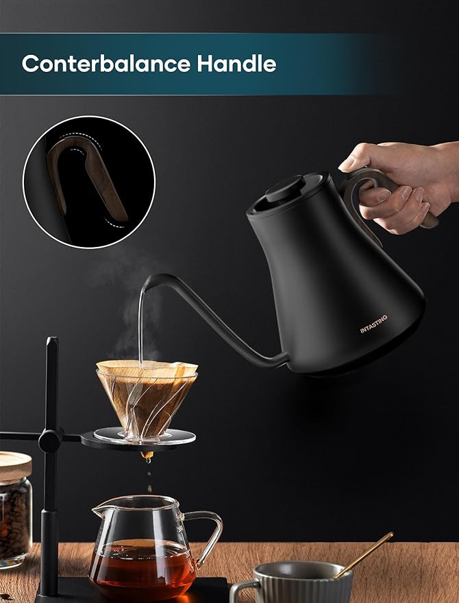 Electric Kettles, INTASTING Gooseneck Electric Kettle, ±1℉ Temperature Control, Wooden Accents, Stainless Steel Inner, Quick Heating, for Pour Over Coffee, Brew Tea, Boil Hot Water, 0.9L Black