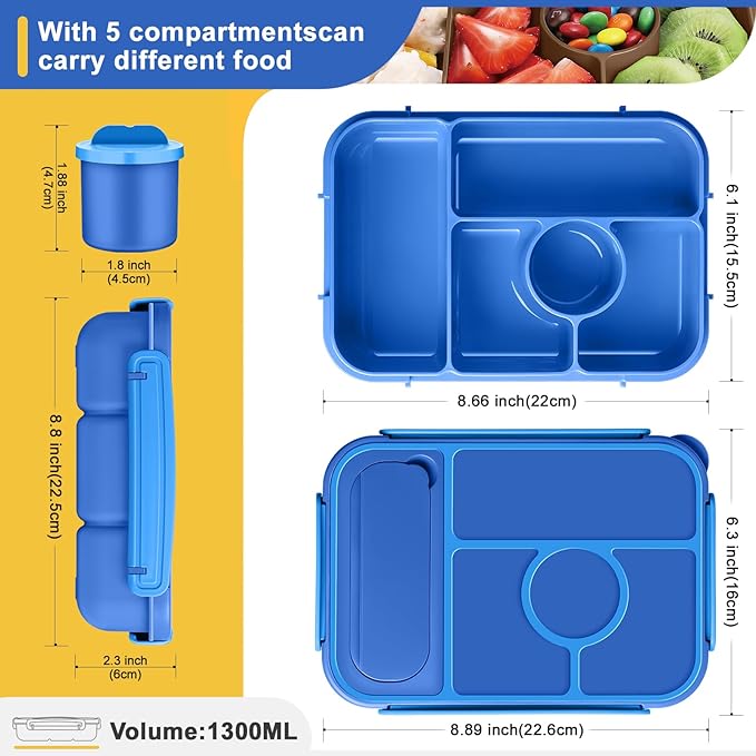 Amathley Bento Box Adult Lunch Box Kids,Lunch Containers for Adults/Kids/Toddler,5 Compartments Bento Lunch Box with Sauce Vontainers,Microwave & Dishwasher & Freezer Safe,BPA-Free (Navy)