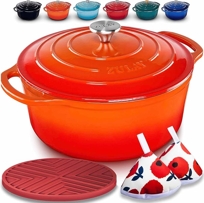 Zulay Kitchen 7.7 Quart Enameled Cast Iron Dutch Oven Pot with Lid – Premium Durability & Oven Safe up to 500°F – Heavy Duty Cookware Perfect for Bread Baking, Stews, Braising & Roasting – Orange