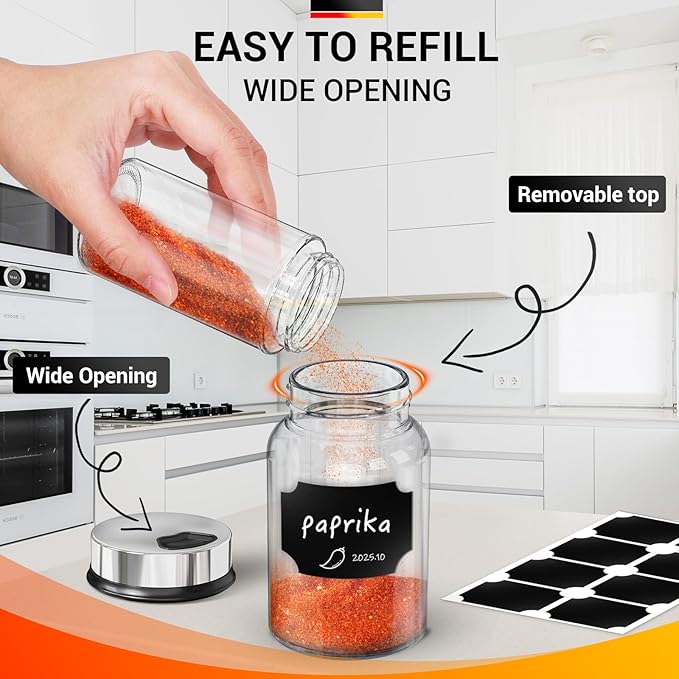 Segarty 5oz Glass Spice Jar with Shaker Lids Scale Lines, 1pc Clear Empty Seasoning Bottle for Condiments, 150ml Large Spice Container with 8 Blank Labels, 1 Chalk Pen for Herbs Organization Cabinet