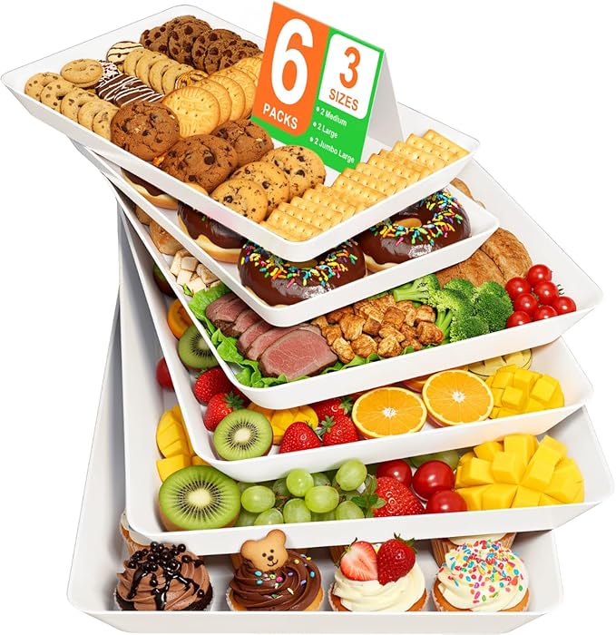 6-Pack Serving Tray for Parties, Serving Platter in 3 Sizes for Entertaining, Food Display, Plastic Trays for Cookies, Stackable Rectangular Platters for Family(White)