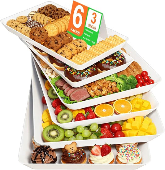 6-Pack Serving Tray for Parties, Serving Platter in 3 Sizes for Entertaining, Food Display, Plastic Trays for Cookies, Stackable Rectangular Platters for Family(White)