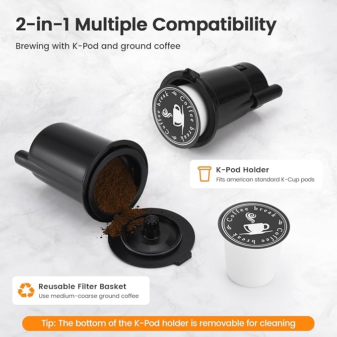 Single Serve Coffee Maker for K-Cup Pod and Grounds, Hot and Iced Coffee Maker, Stainless Steel Coffee Maker, Strong Button Feature, 6 to 14oz Brew Sizes, 50oz Removable Tank, Up to 6.5 Inch Cup, Grey