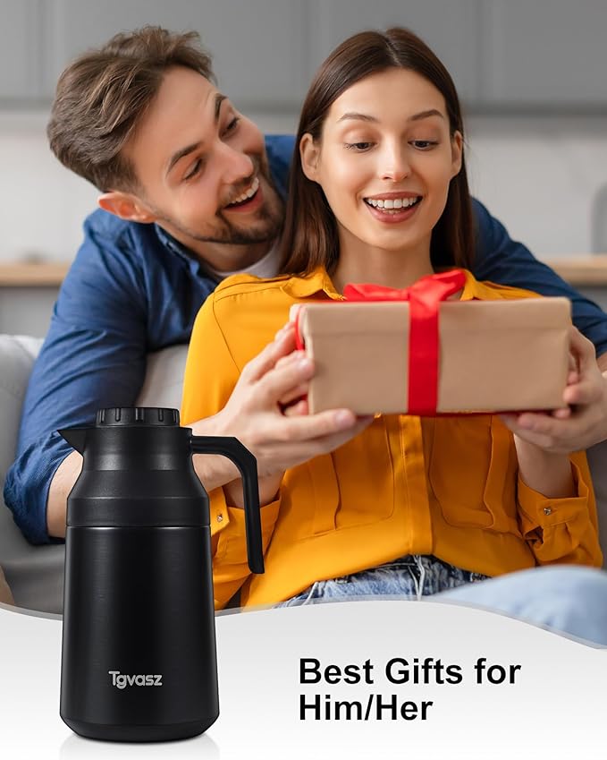 2 PCS Thermal Coffee Carafe Insulated Stainless Steel Coffee Carafe for Hot Liquid Vacuum Thermal Pot Creamer Pitcher Dispenser Keeping Hot Water Milk(Black/Black 68 oz)