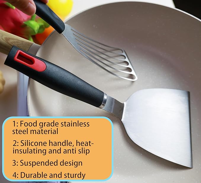 Stainless Steel Spatula Set - Cast Iron Skillet Spatula with Silicone Handle, Turner Flipper for Pancake, Burger, Egg Cooking & BBQ Grill