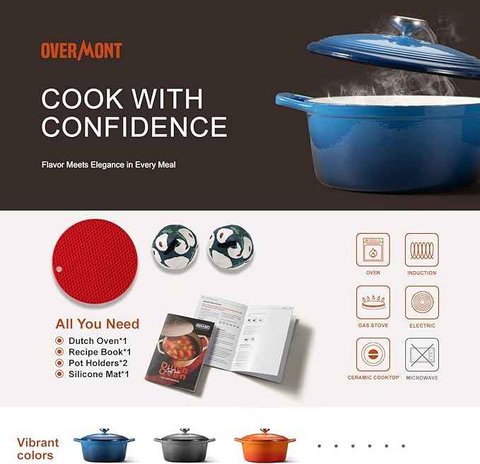 Overmont Enameled Cast Iron Dutch Oven - 5.5QT Pot with Lid Cookbook & Cotton Potholders - Heavy-Duty Cookware for Braising, Stews, Roasting, Bread Baking Blue